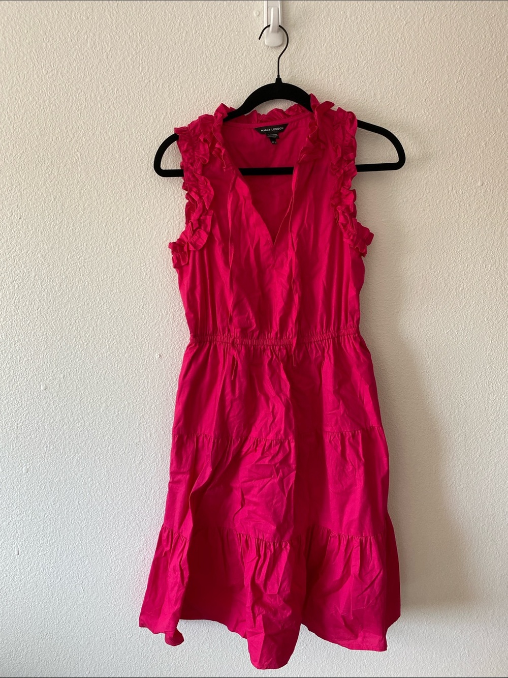 Maggy London Hot Pink Ruffle V-Neck Midi Dress